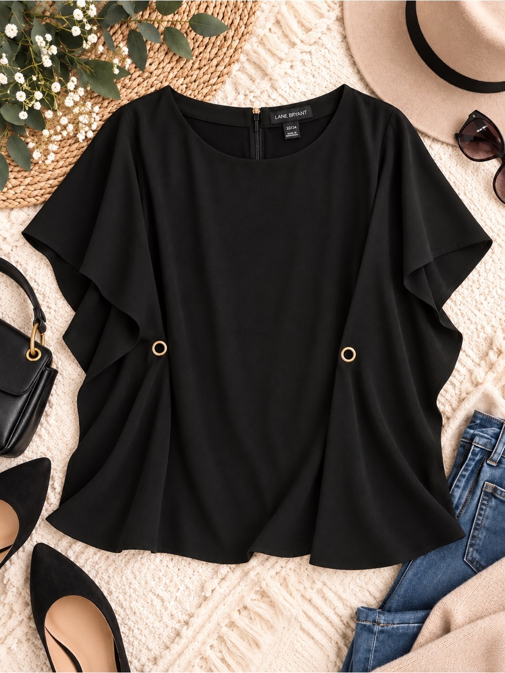 Lane Bryant Black Draped Cape Sleeve Grommet Blouse Plus Size 22 / 24